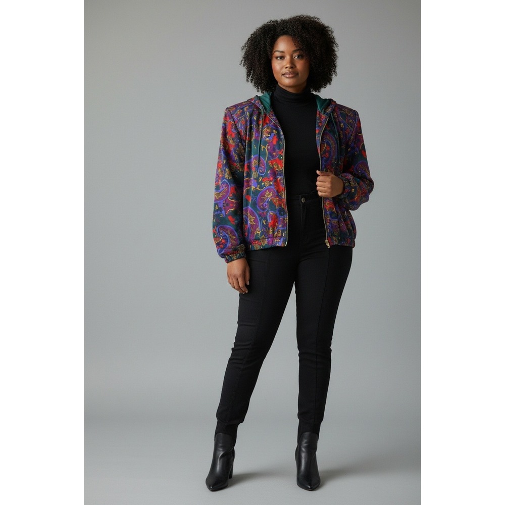S.G. Sport Collection Vintage Paisley Hooded Windbreaker Jacket Teal Purple 1X‎